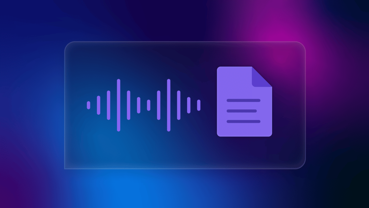 Graphic with a dark gradient background, showing an audio waveform icon next to a document icon, suggesting audio-to-text conversion.