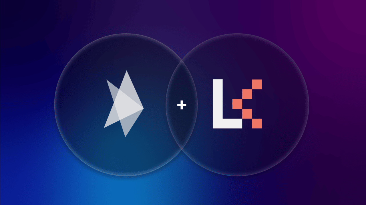 Two overlapping circles with logos, one featuring a triangular symbol and the other an "L" with orange pixels, on a blue and purple gradient background.