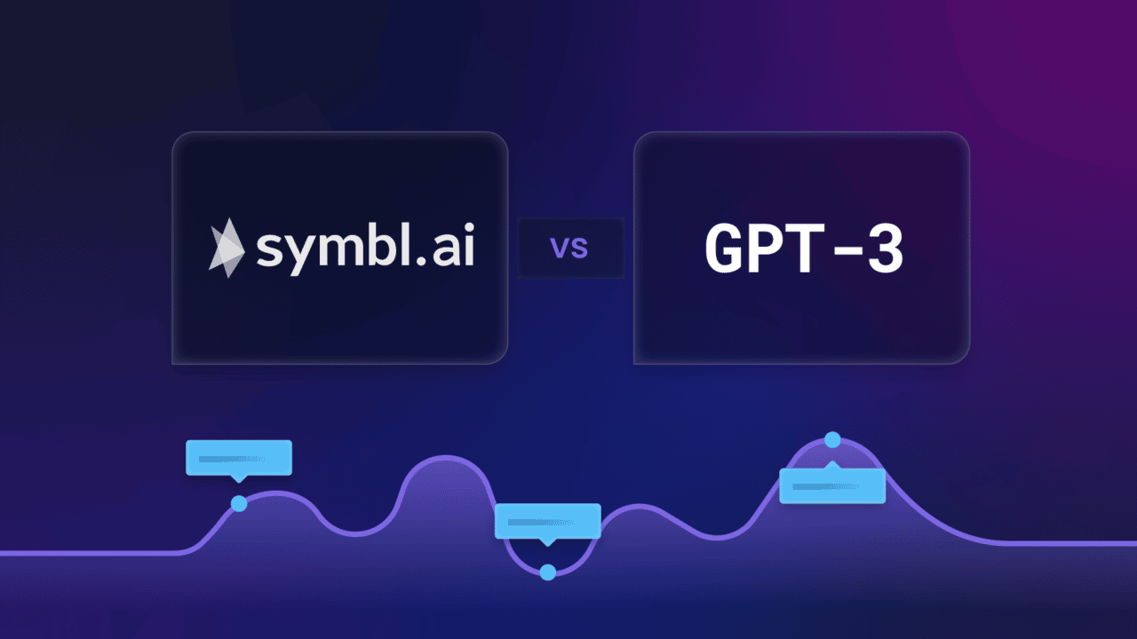 Comparison graphic titled "symbl.ai vs GPT-3" on a dark blue and purple gradient background.