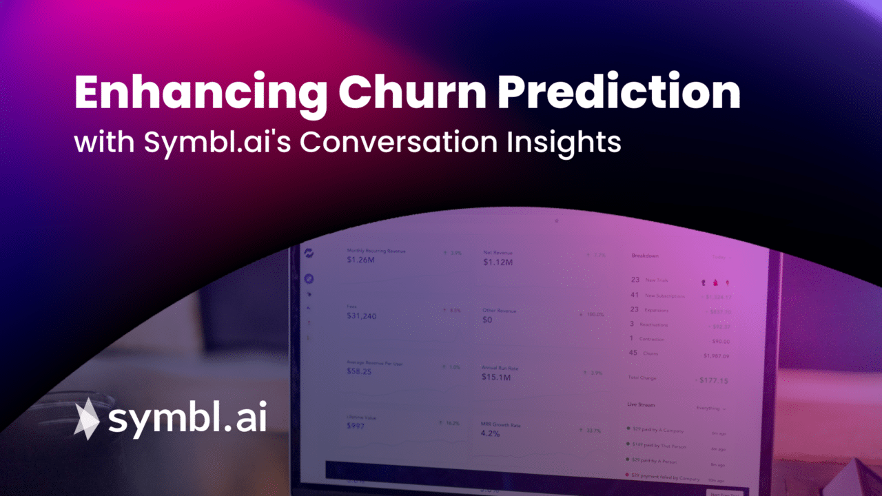 A promotional graphic with the text "Enhancing Churn Prediction with Symbl.ai's Conversation Insights" on a purple and black gradient background, featuring the Symbl.ai logo.