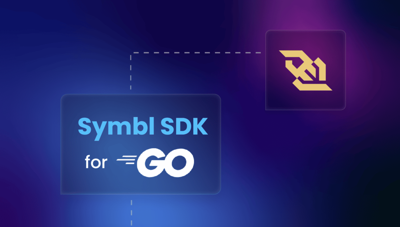 A promotional graphic featuring "Symbl SDK for Go" with a Go programming language logo, connected by a dotted line to another logo on a blue and purple gradient background.