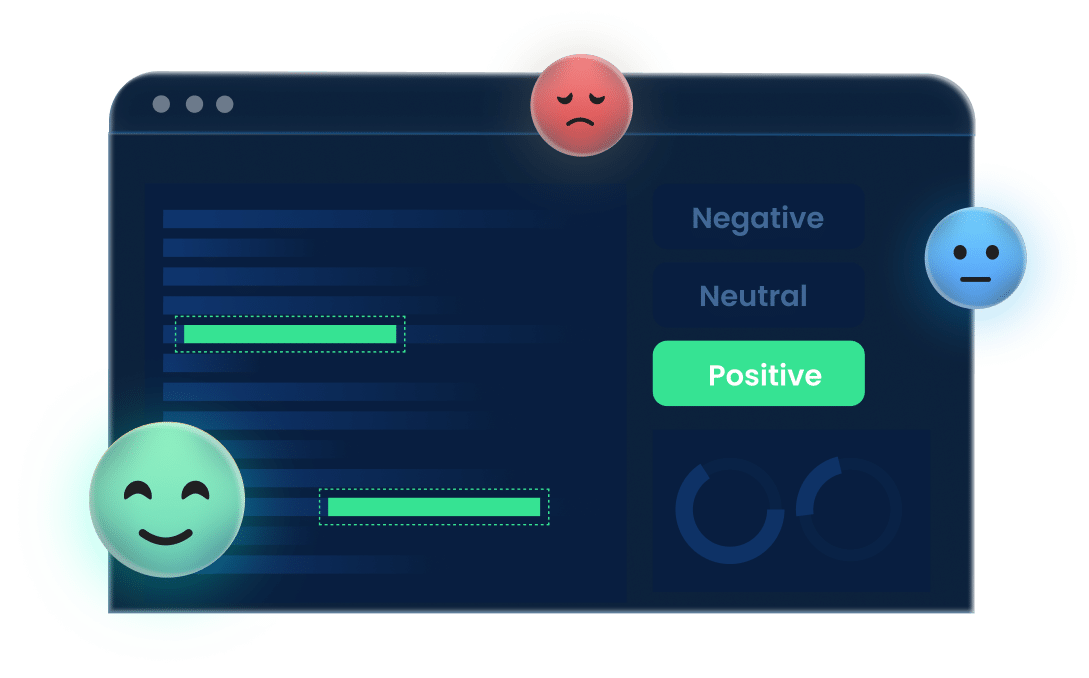 A computer screen displaying smiley faces with emotions for sentiment analysis.